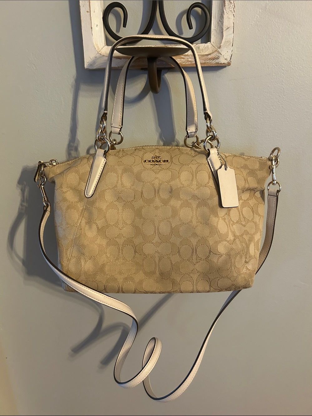 Coach Beige Signature Canvas Shoulder Bag with Cream Trim